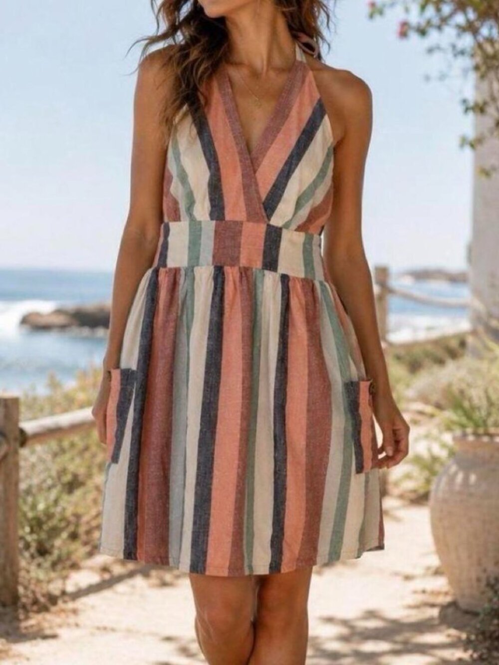 American Eagle Cotton and Linen Blend Striped Halter Dress